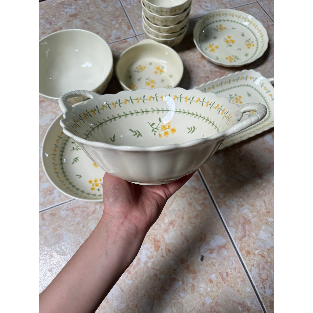 Bộ bát đĩa ăn cơm HOA CÚC VÀNG, bát đĩa gốm sứ mai vàng sang trọng cho gia đình phong cách Vintage