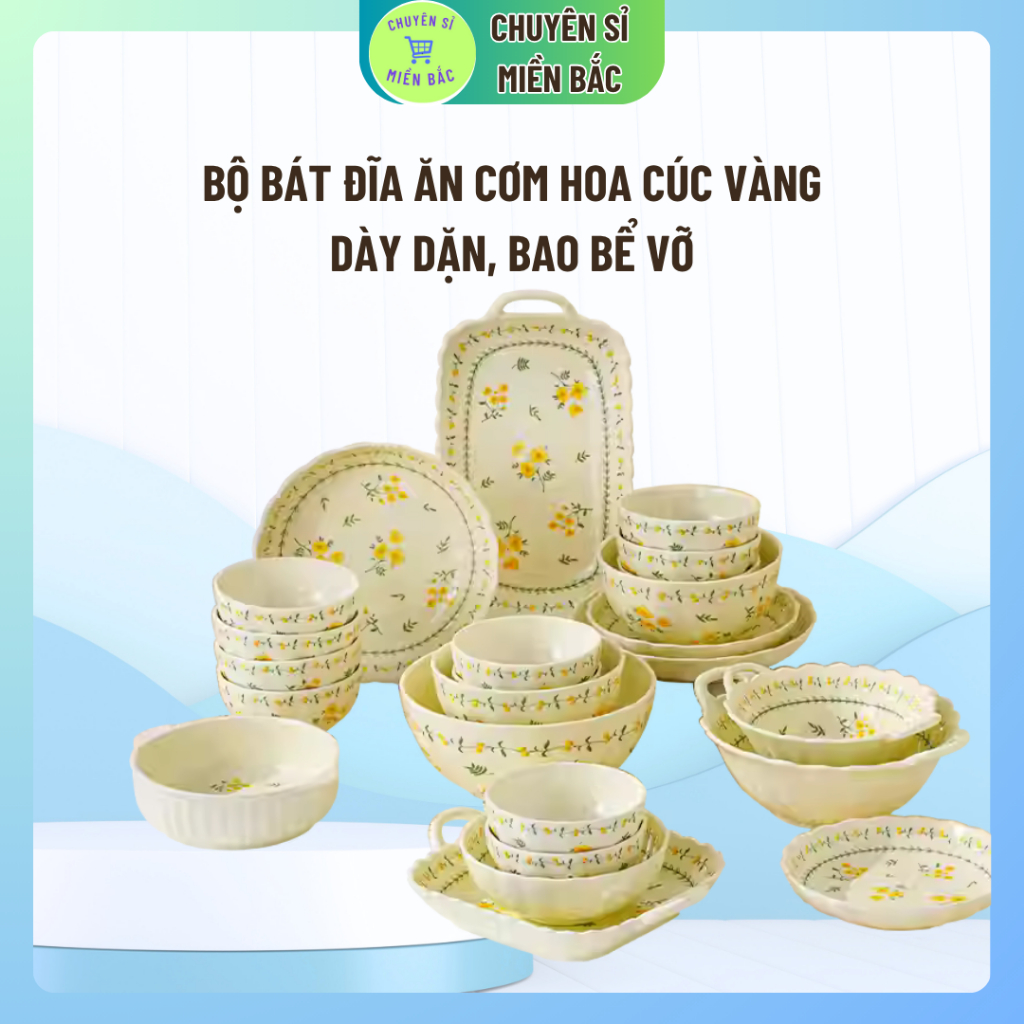 Bộ bát đĩa ăn cơm HOA CÚC VÀNG, bát đĩa gốm sứ mai vàng sang trọng cho gia đình phong cách Vintage