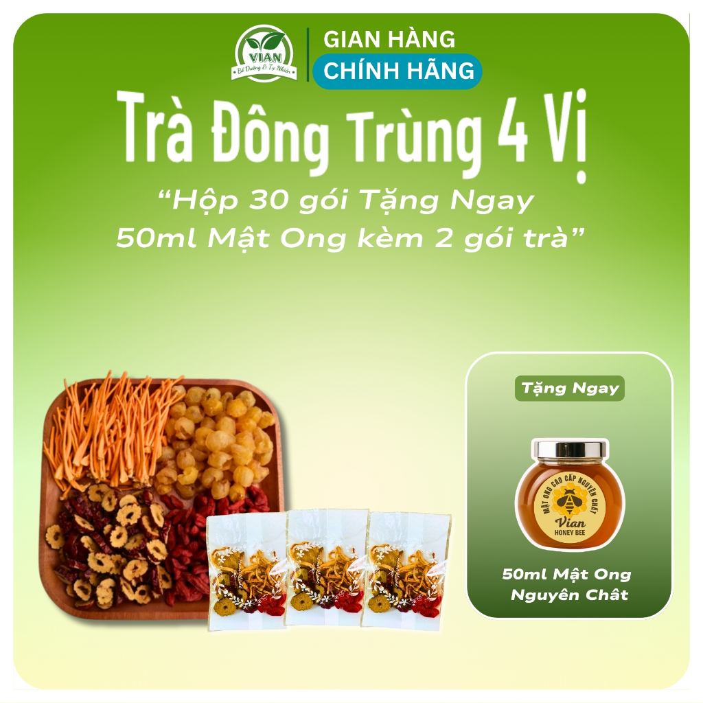 Trà Đông Trùng Tứ Vị Thảo Mộc Hộp 30 Gói (Tặng Mật Ong) - Hình ảnh thực tế