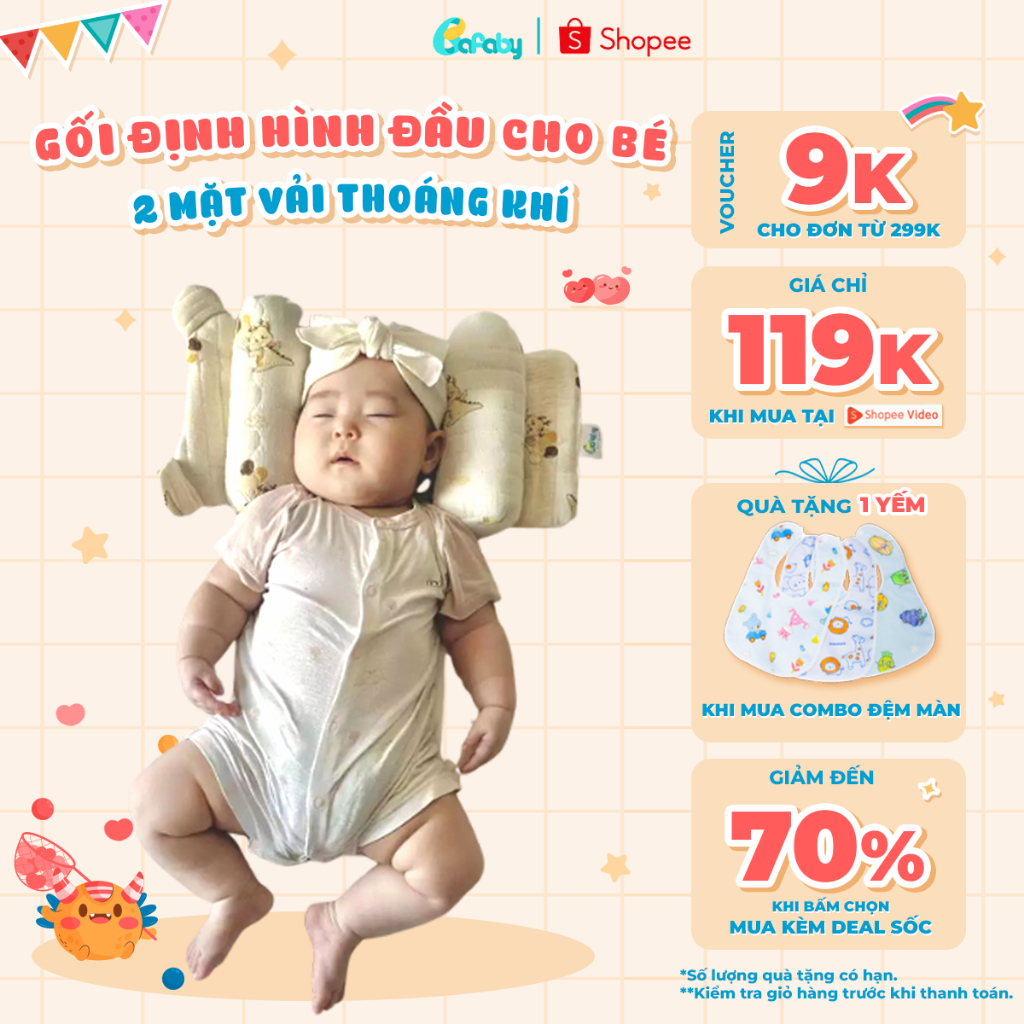 Gối Định Hình Đầu Cho Bé Sơ Sinh BAFABY Vỏ Đỗ Hạn Chế Vi Khuẩn 2 Mặt Vải Cao Cấp An Toàn-379