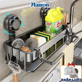Kệ Đựng Đồ Rửa Chén Hút Chân Không MAISON Chất Liệu Nhựa ABS Kèm Móc Treo Khăn, Hộp Đũa Tiện Lợi