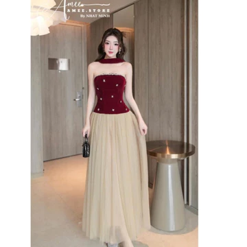 Váy đỏ đính đá cao cấp váy dáng dài váy cúp ngực hàng loại 1 chất đẹp shop HUY HÍP