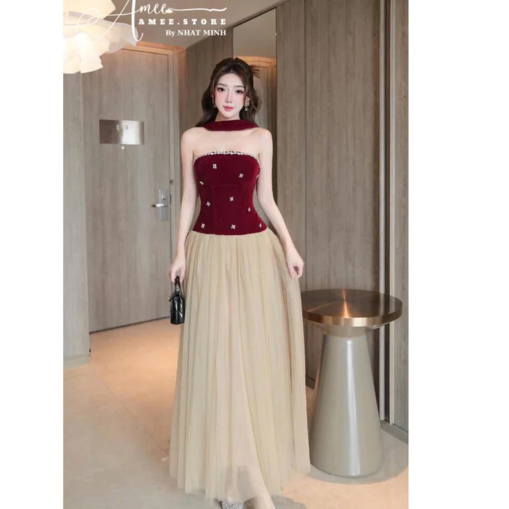 Váy đỏ đính đá cao cấp váy dáng dài váy cúp ngực hàng loại 1 chất đẹp shop HUY HÍP