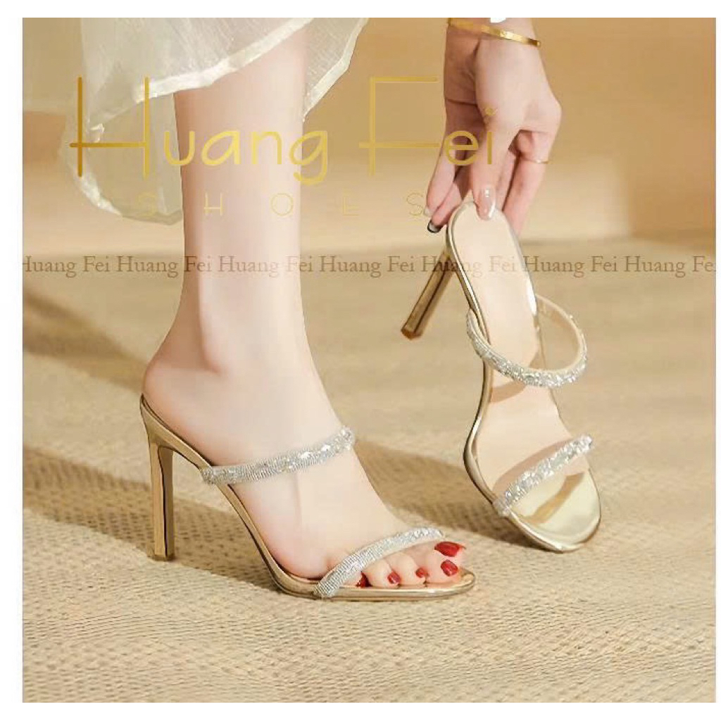 Guốc cao gót 2 dây ngang đính cườm gót cao 9 cm