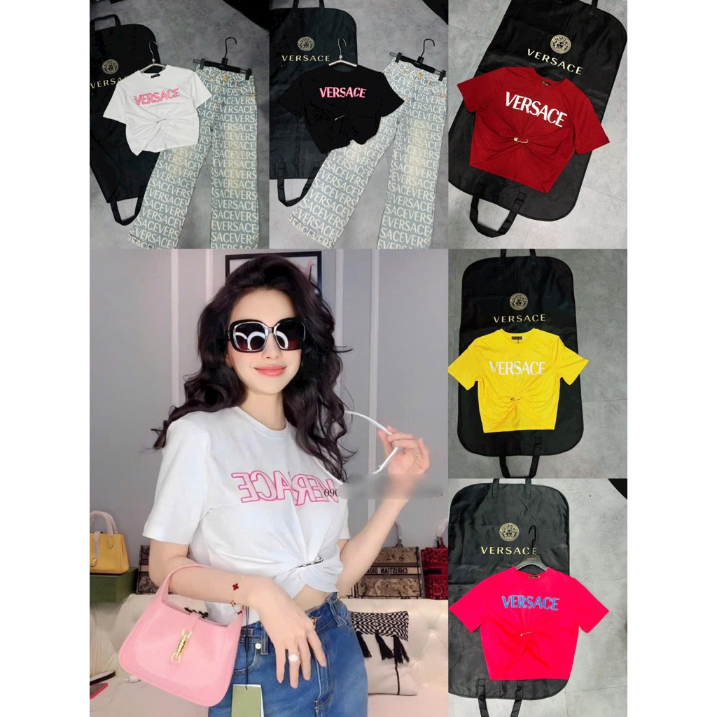 Áo croptop chữ in nhiều màu kèm ghim băng