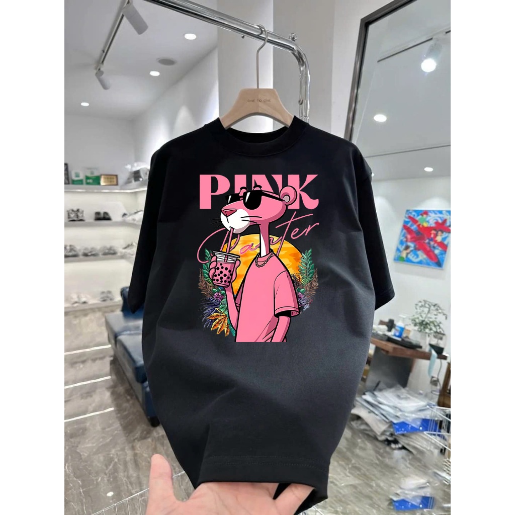 Áo thun hình Báo Hồng Pink Panther uống trà sữa phong cách mùa hè Phong Cách Streetwear Vải Cotton