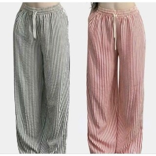 Quần Dài Nữ Dáng Ống Rộng Suông Kẻ Sọc Lưng Thun Chất Vải Đũi WQU006