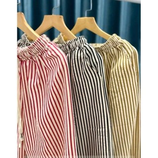 Quần Dài Nữ Dáng Ống Rộng Suông Kẻ Sọc Lưng Thun Chất Vải Đũi WQU006