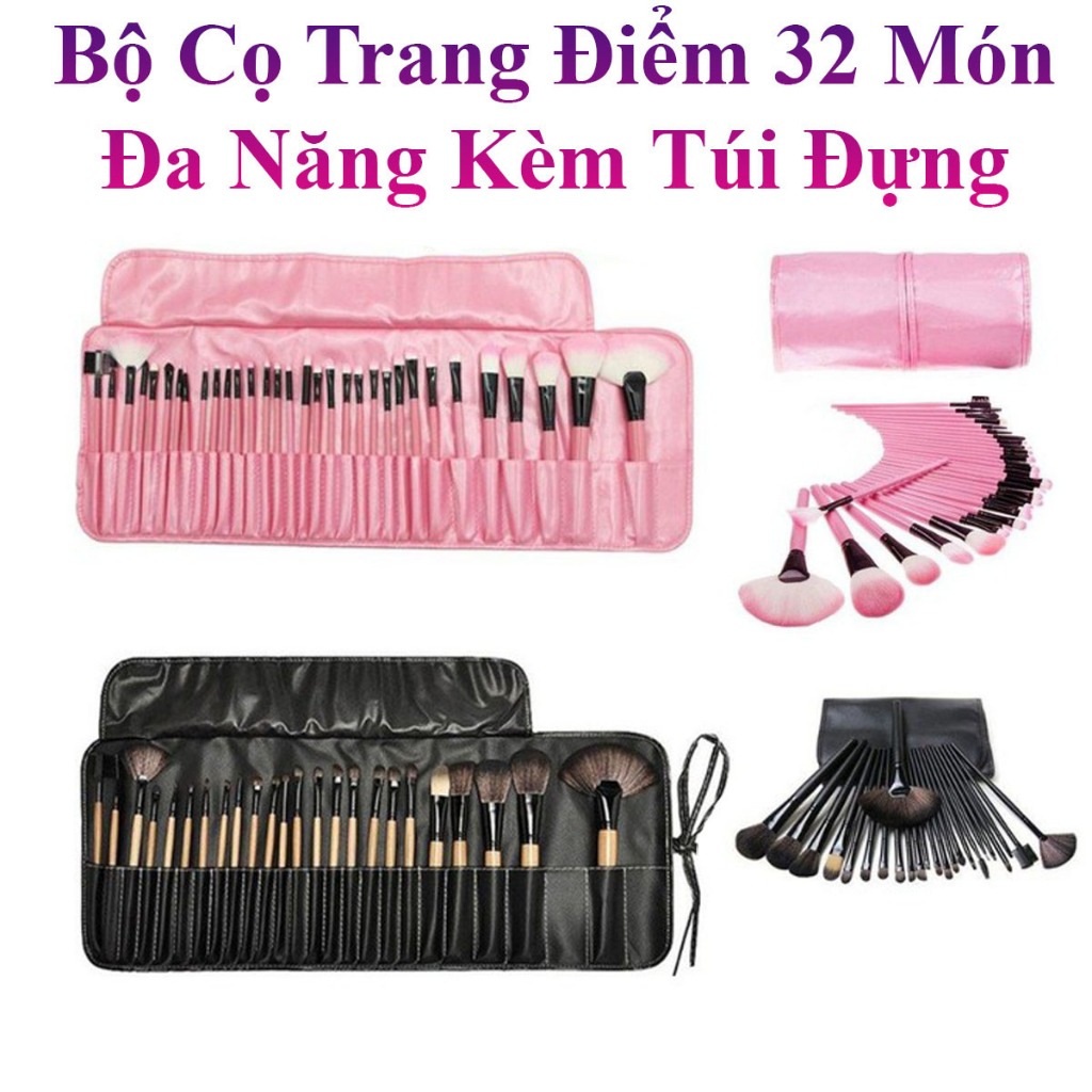 Bộ Cọ Trang Điểm 32 Món Màu Hồng Xinh Đa Năng Kèm Túi Đựng