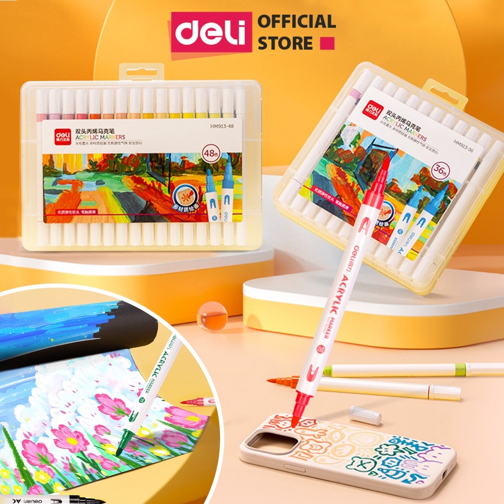 Bút Sơn Acrylic Marker 2 Đầu Cao Cấp Deli Kèm Hộp Nhựa Màu Vẽ 12/24/36/48 Cây Đậm Tô Màu Đi Nét DIY