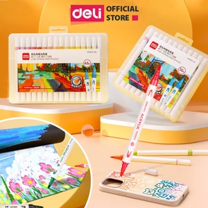 Bút Sơn Acrylic Marker 2 Đầu Cao Cấp Deli Kèm Hộp Nhựa Màu Vẽ 12/24/36/48 Cây Đậm Tô Màu Đi Nét DIY