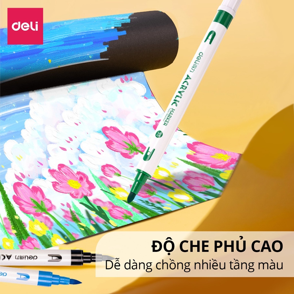 Bút Sơn Acrylic Marker 2 Đầu Cao Cấp Deli Kèm Hộp Nhựa Màu Vẽ 12/24/36/48 Cây Đậm Tô Màu Đi Nét DIY