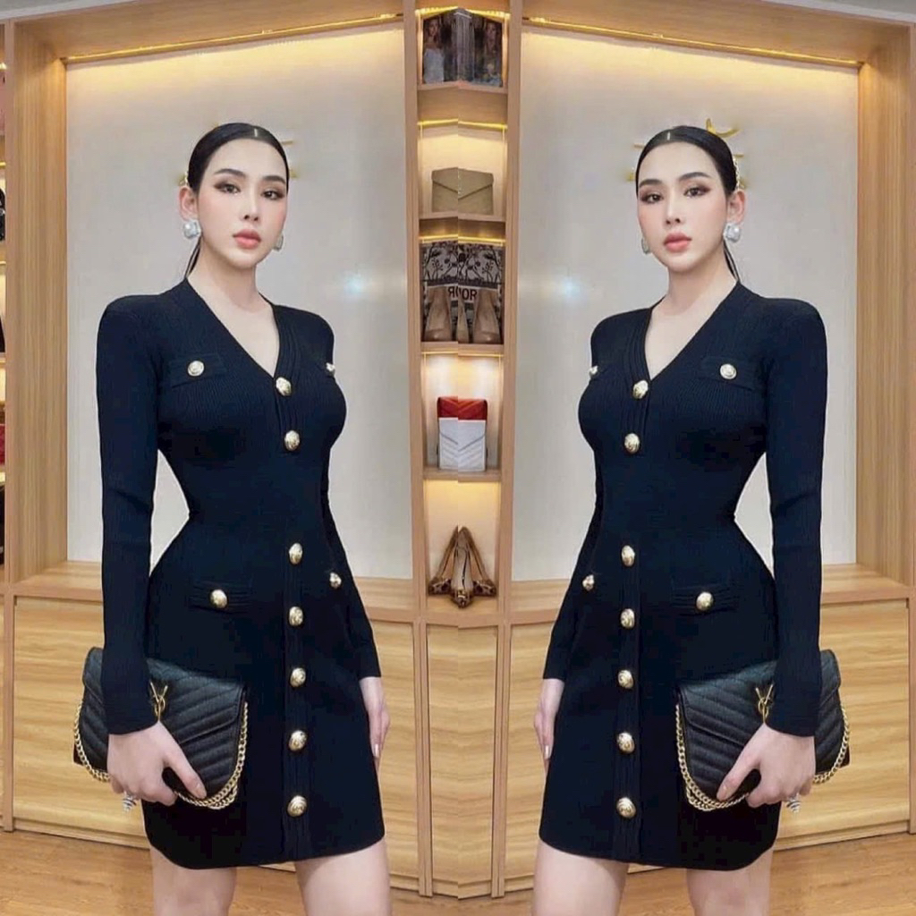 Đầm body len nút tay dài sieu cap màu đỏ đen