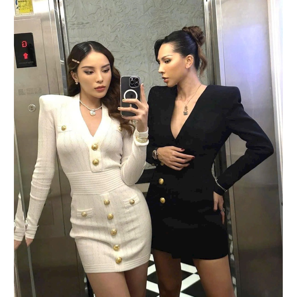 Đầm body len nút tay dài sieu cap màu đỏ đen