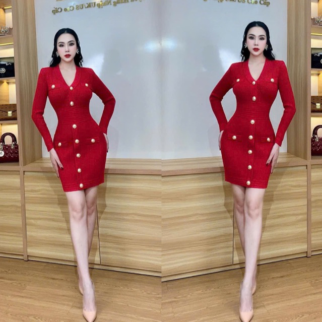 Đầm body len nút tay dài sieu cap màu đỏ đen