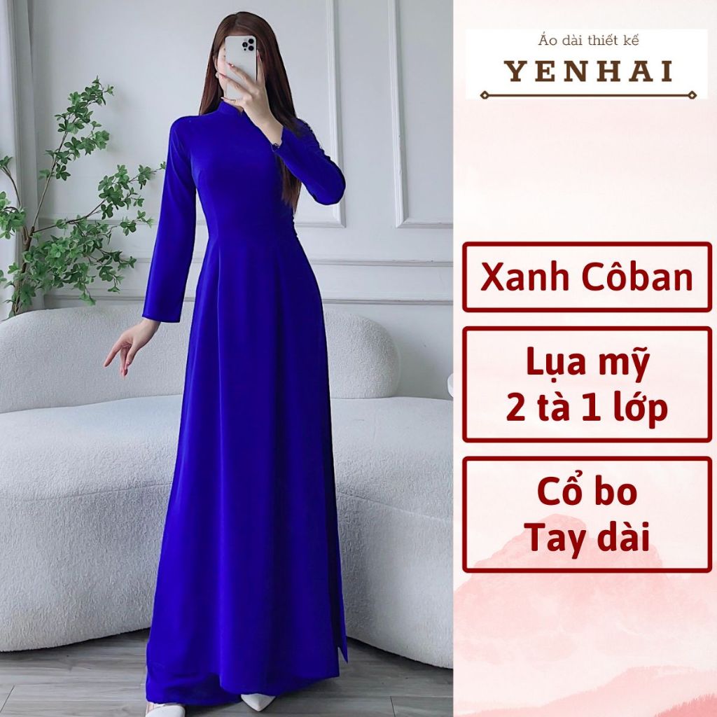 Áo dài truyền thống màu xanh cô ban đoàn thanh niên chất lụa mỹ thiết kế tay dài - B11