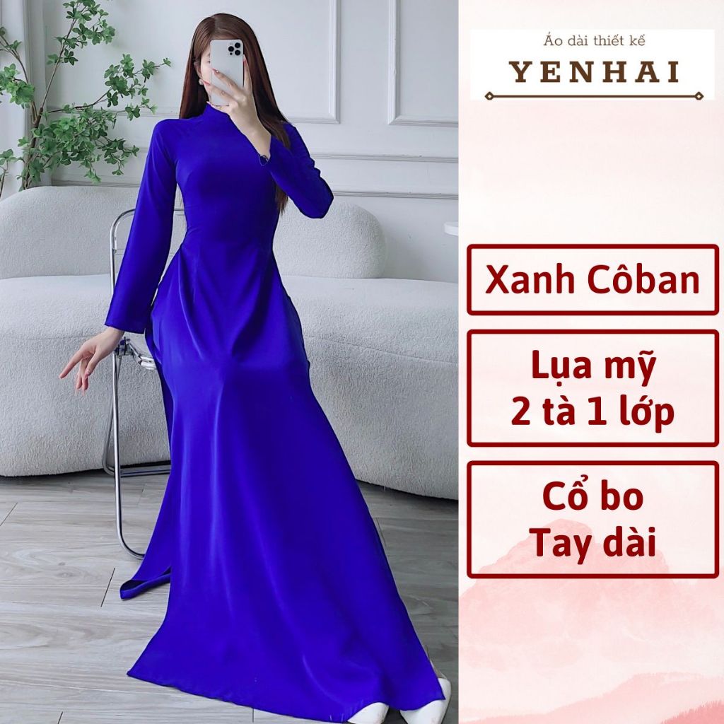 Áo dài truyền thống màu xanh cô ban đoàn thanh niên chất lụa mỹ thiết kế tay dài - B11