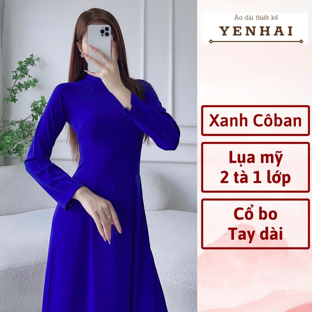 Áo dài truyền thống màu xanh cô ban đoàn thanh niên chất lụa mỹ thiết kế tay dài - B11
