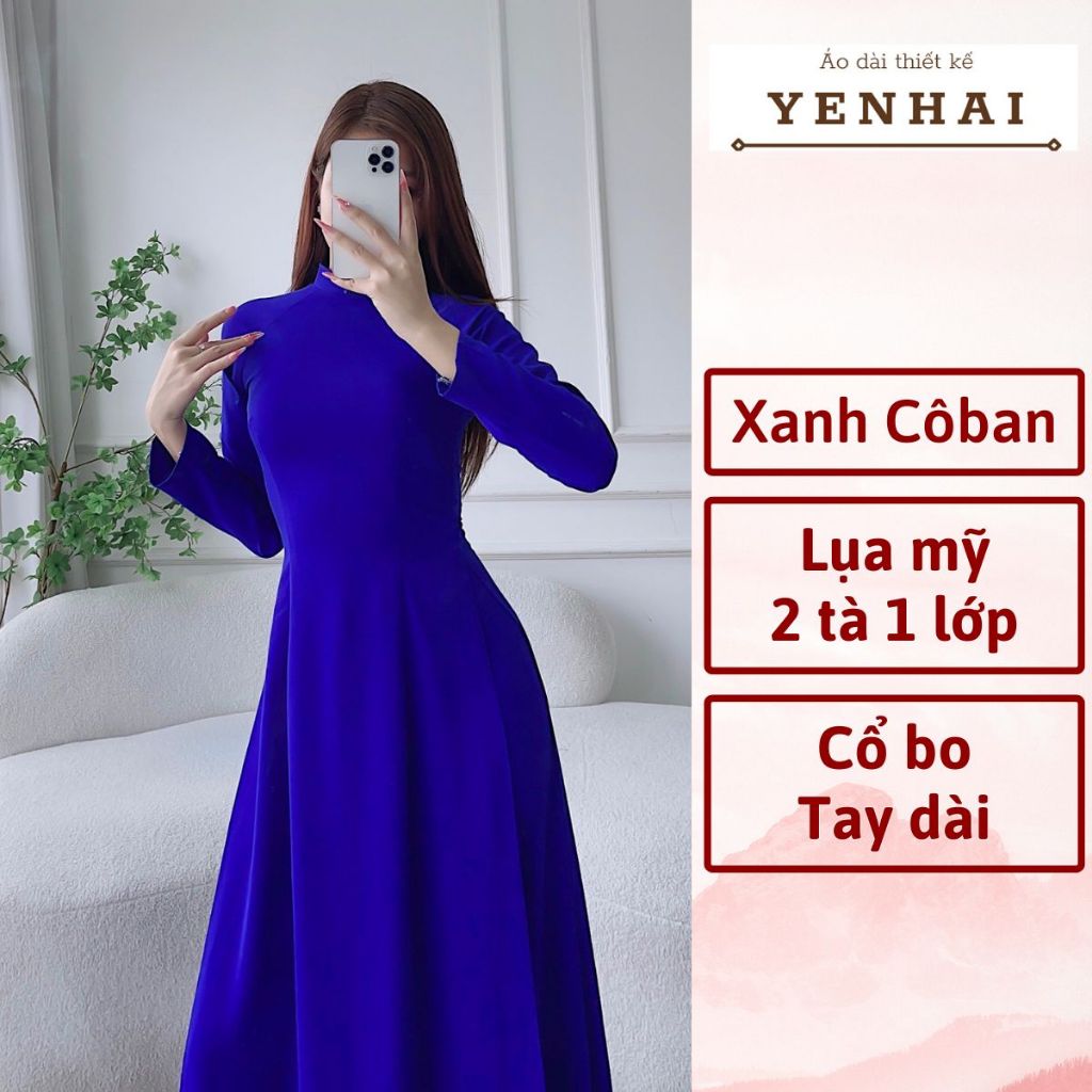 Áo dài truyền thống màu xanh cô ban đoàn thanh niên chất lụa mỹ thiết kế tay dài - B11