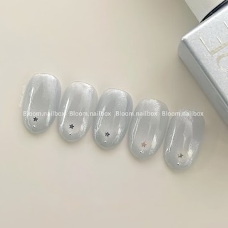 [B85] Móng tay giả form ngắn Hàn tiện lợi mắt mèo xanh lấp lánh sao bạc by Bloom