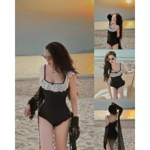 Đồ Bơi Nữ,Bikini Liền Thân Một Mảnh Cổ Vuông Ren Thiết Kế