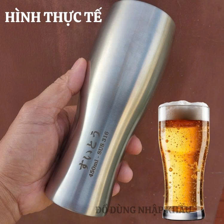 Cốc bia giữ nhiệt Japan inox 316 kiểu dáng cao hàng nhập bãi chưa sử dụng dung tích 450ml