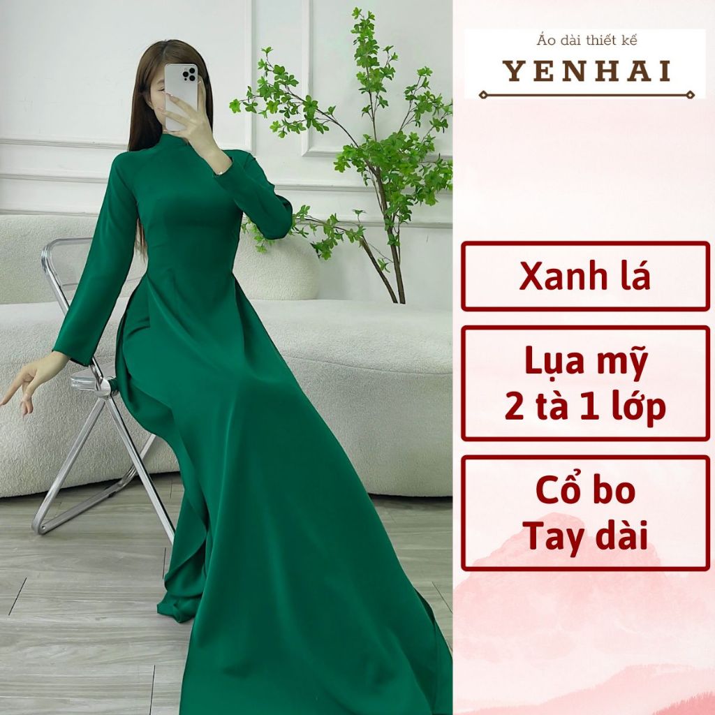 Áo dài truyền thống màu xanh lá đậm chất lụa mỹ thiết kế tay dài cổ cao -B13
