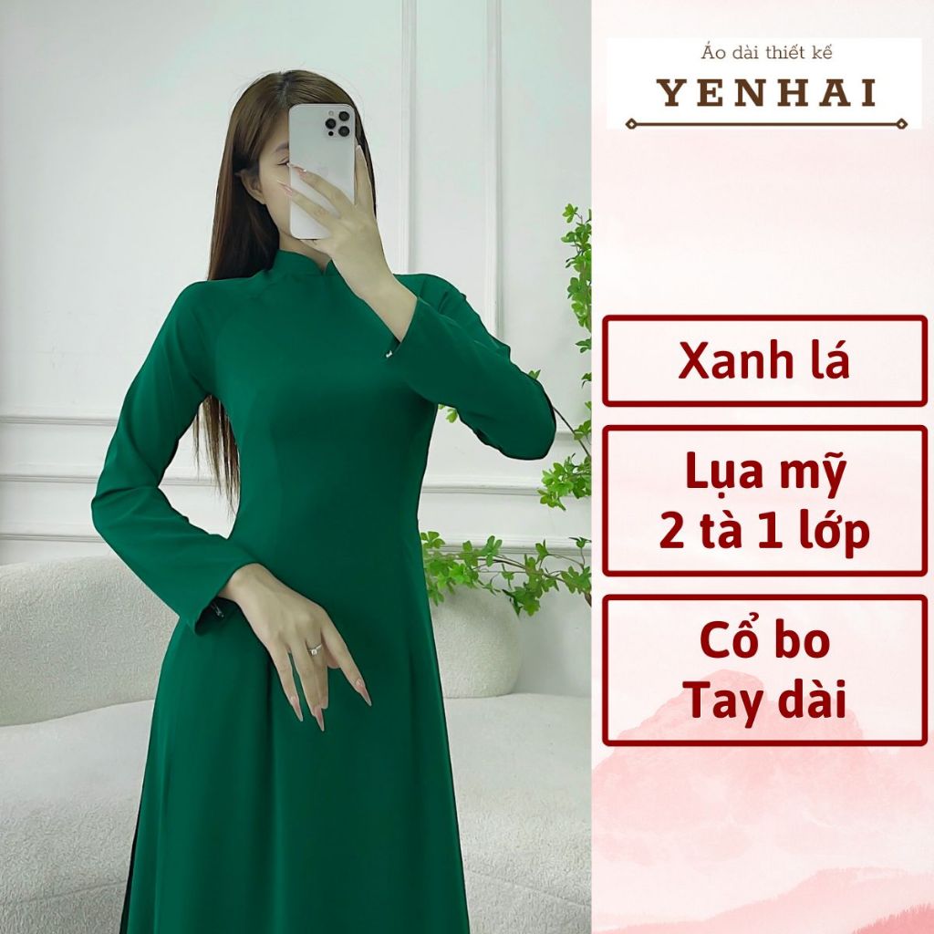 Áo dài truyền thống màu xanh lá đậm chất lụa mỹ thiết kế tay dài cổ cao -B13
