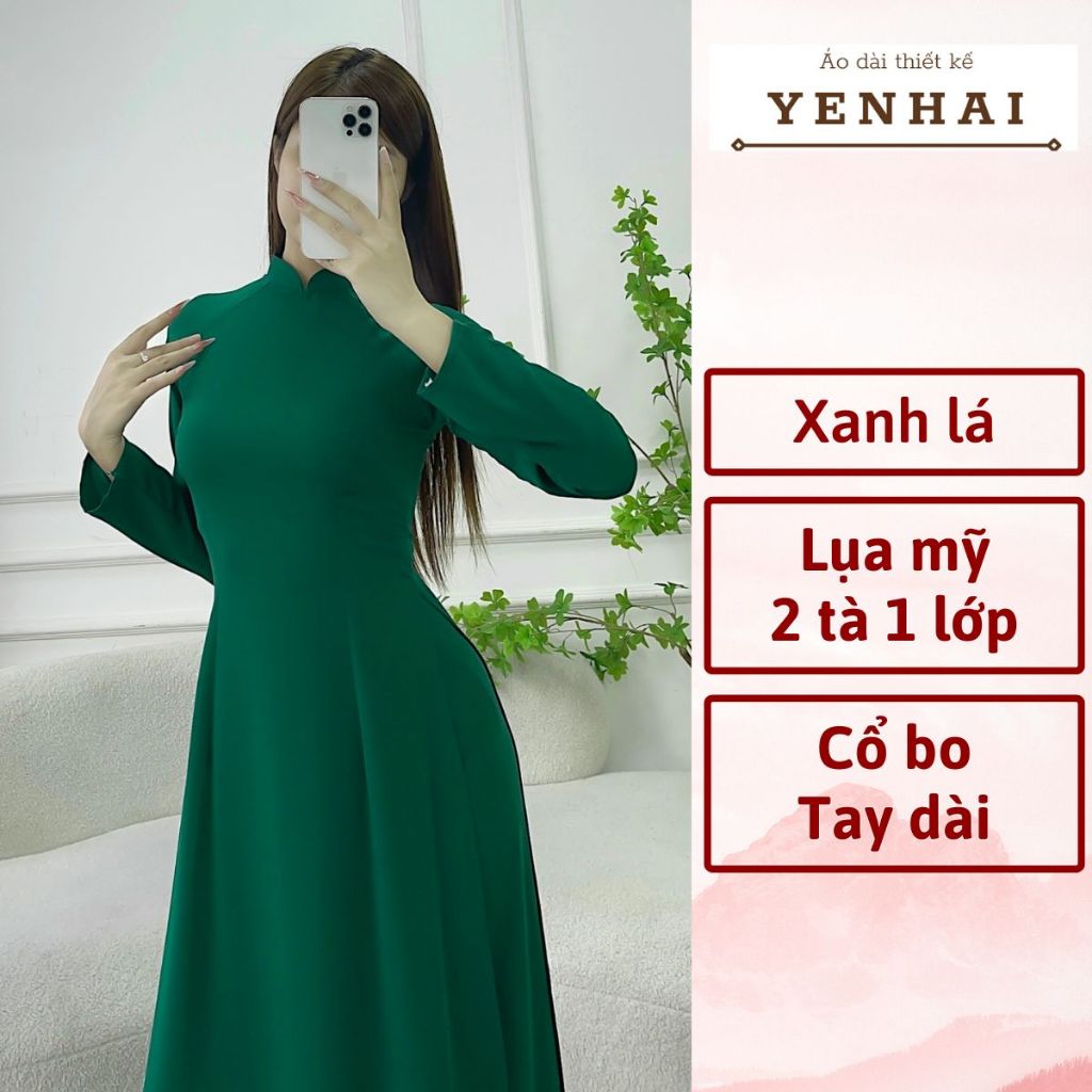 Áo dài truyền thống màu xanh lá đậm chất lụa mỹ thiết kế tay dài cổ cao -B13