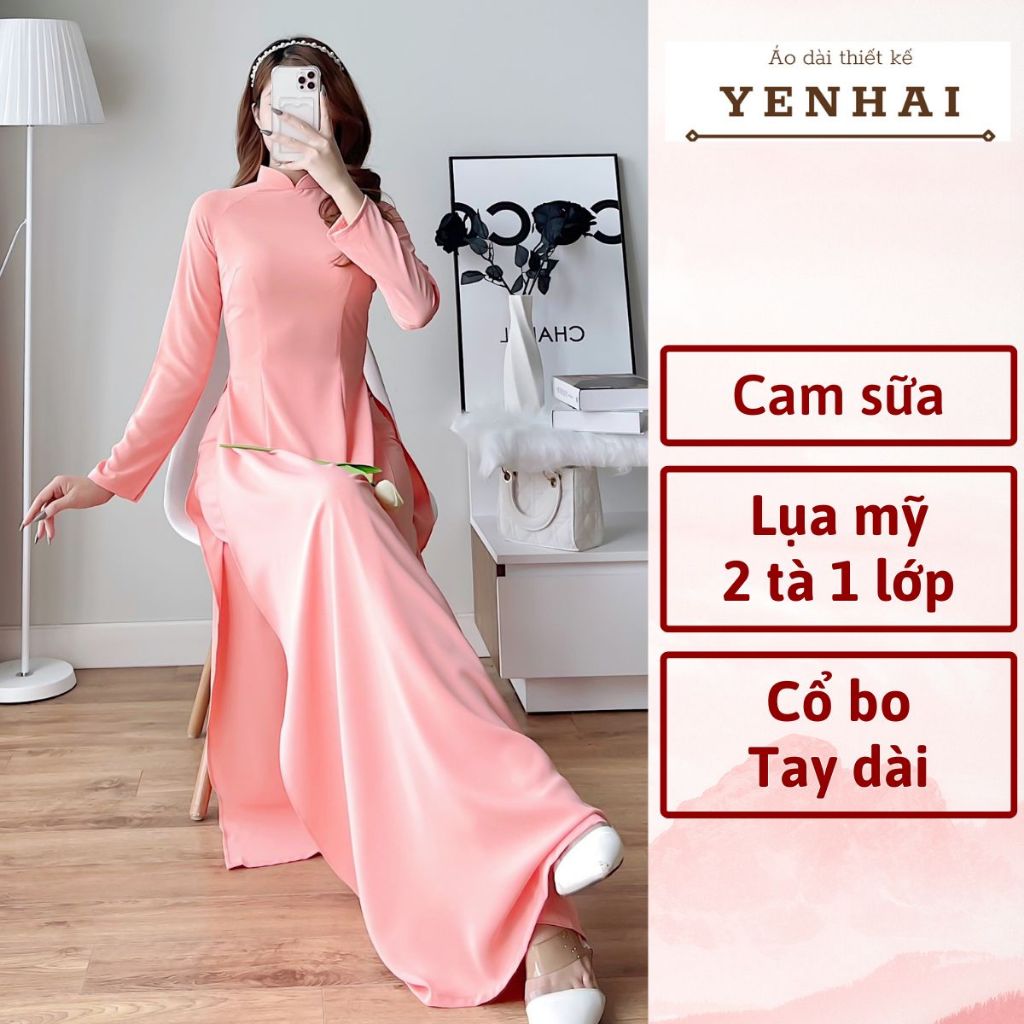 Áo dài truyền thống màu cam sữa chất lụa mỹ cao cấp thiết kế tay dài cổ cao -B15