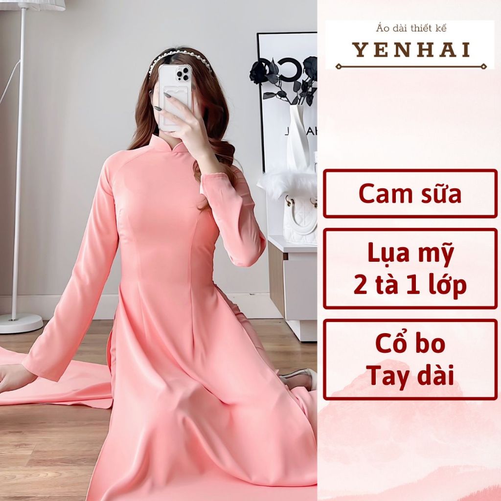 Áo dài truyền thống màu cam sữa chất lụa mỹ cao cấp thiết kế tay dài cổ cao -B15