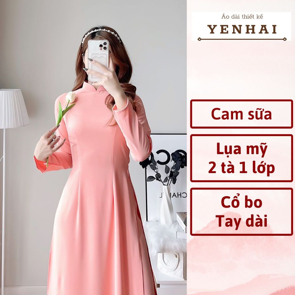 Áo dài truyền thống màu cam sữa chất lụa mỹ cao cấp thiết kế tay dài cổ cao -B15