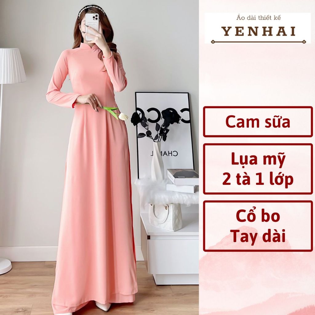 Áo dài truyền thống màu cam sữa chất lụa mỹ cao cấp thiết kế tay dài cổ cao -B15