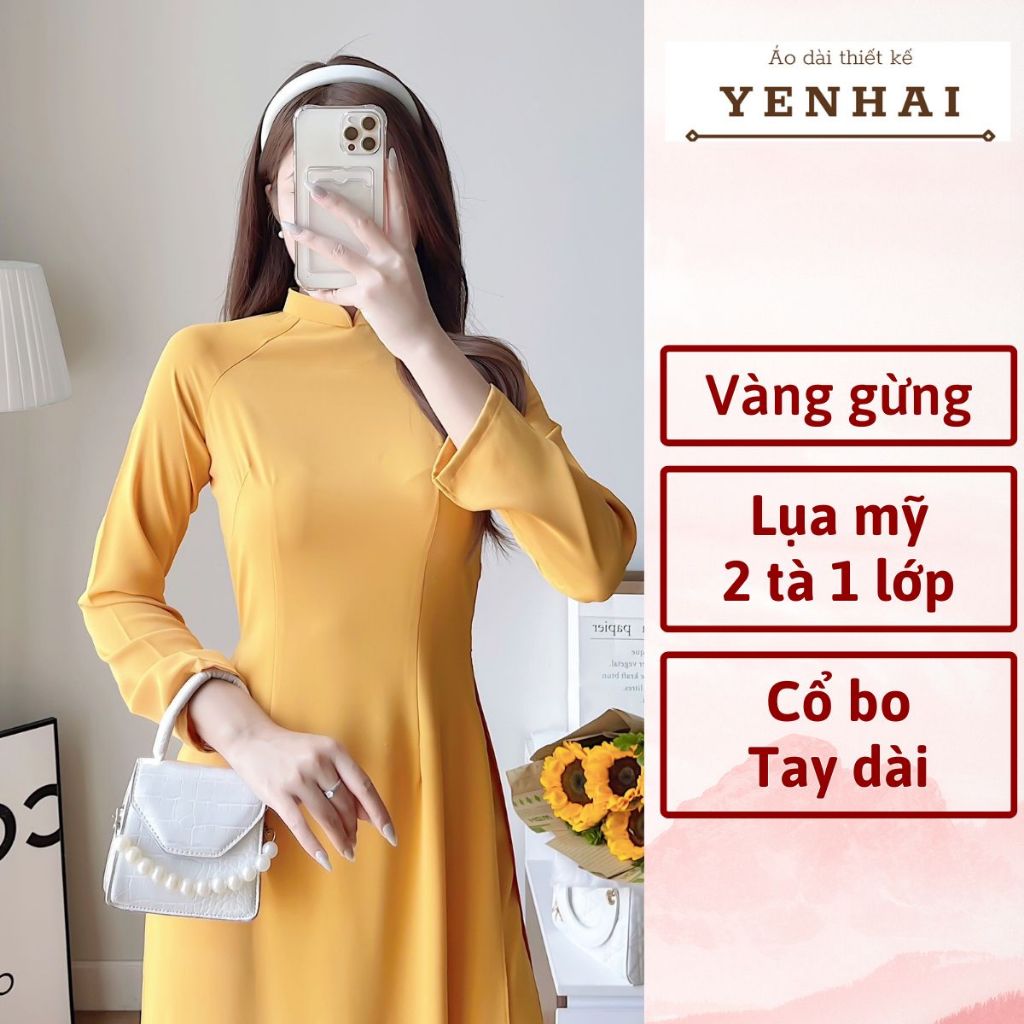 Áo dài truyền thống màu vàng gừng chất lụa mỹ cao cấp thiết kế tay dài cổ cao - B16