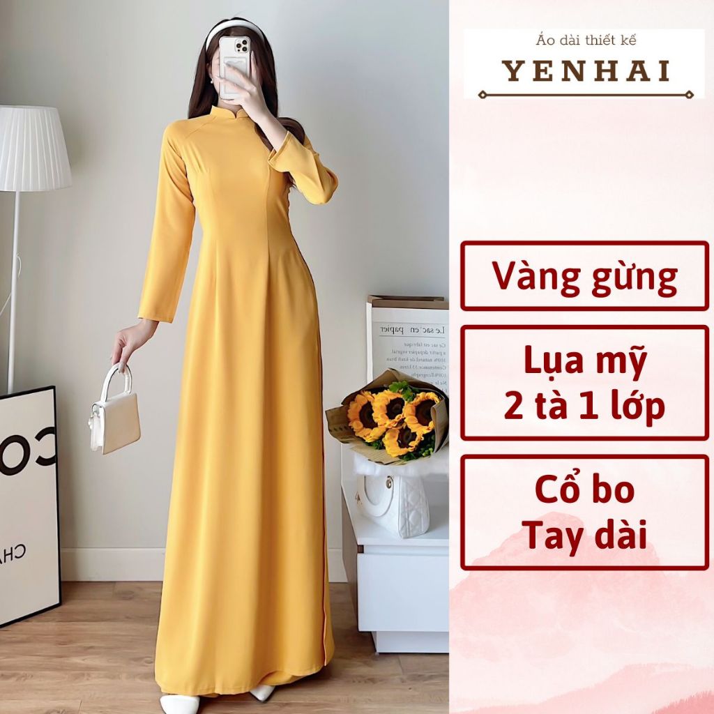 Áo dài truyền thống màu vàng gừng chất lụa mỹ cao cấp thiết kế tay dài cổ cao - B16
