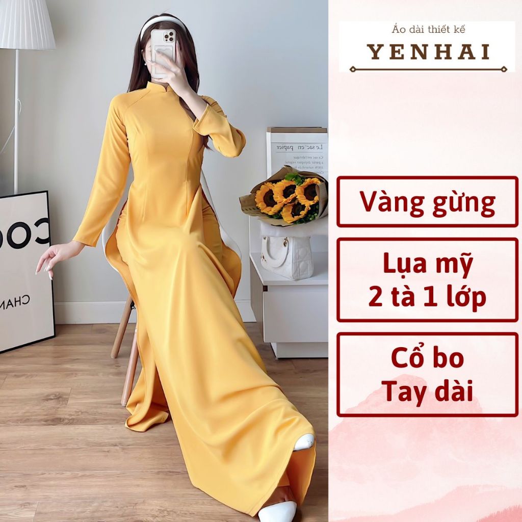 Áo dài truyền thống màu vàng gừng chất lụa mỹ cao cấp thiết kế tay dài cổ cao - B16