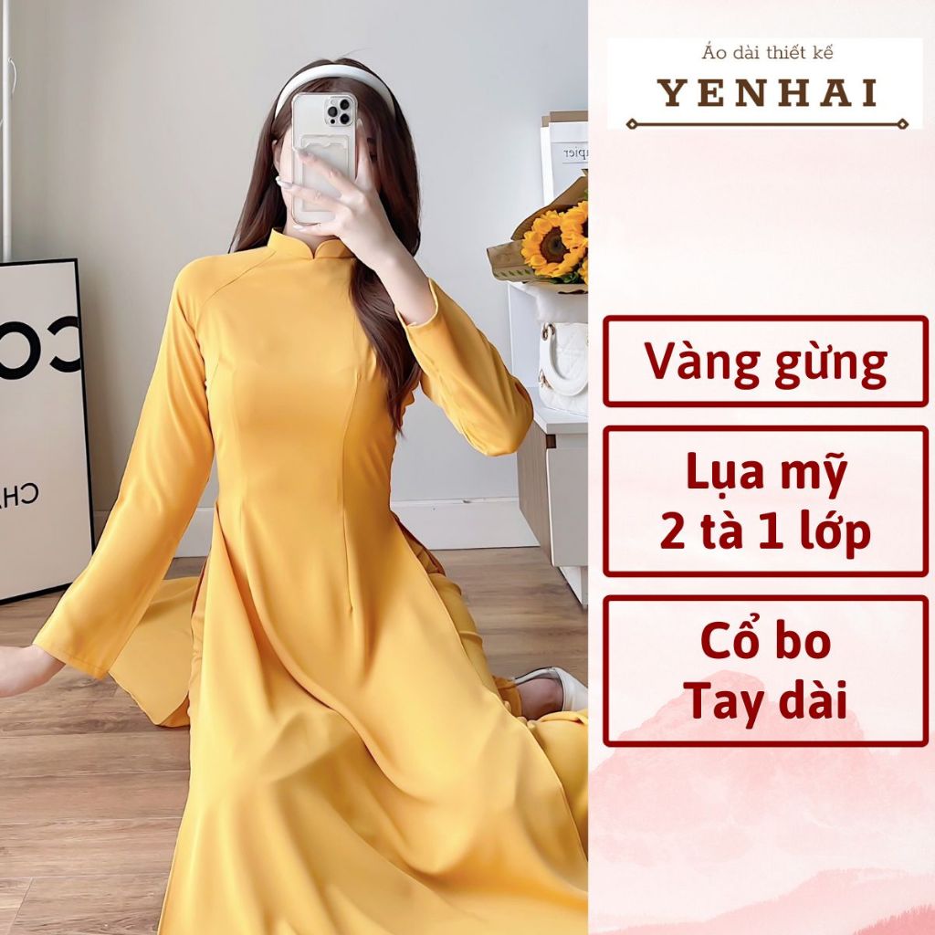 Áo dài truyền thống màu vàng gừng chất lụa mỹ cao cấp thiết kế tay dài cổ cao - B16
