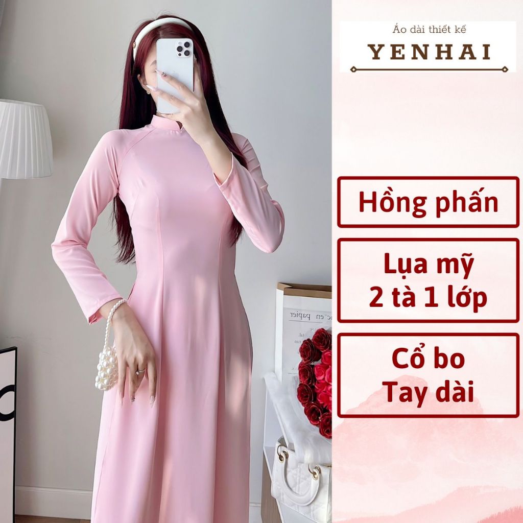 Áo dài Truyền thống màu hồng phấn chất lụa mỹ co giãn thiết kế tay dài cổ cao -B18