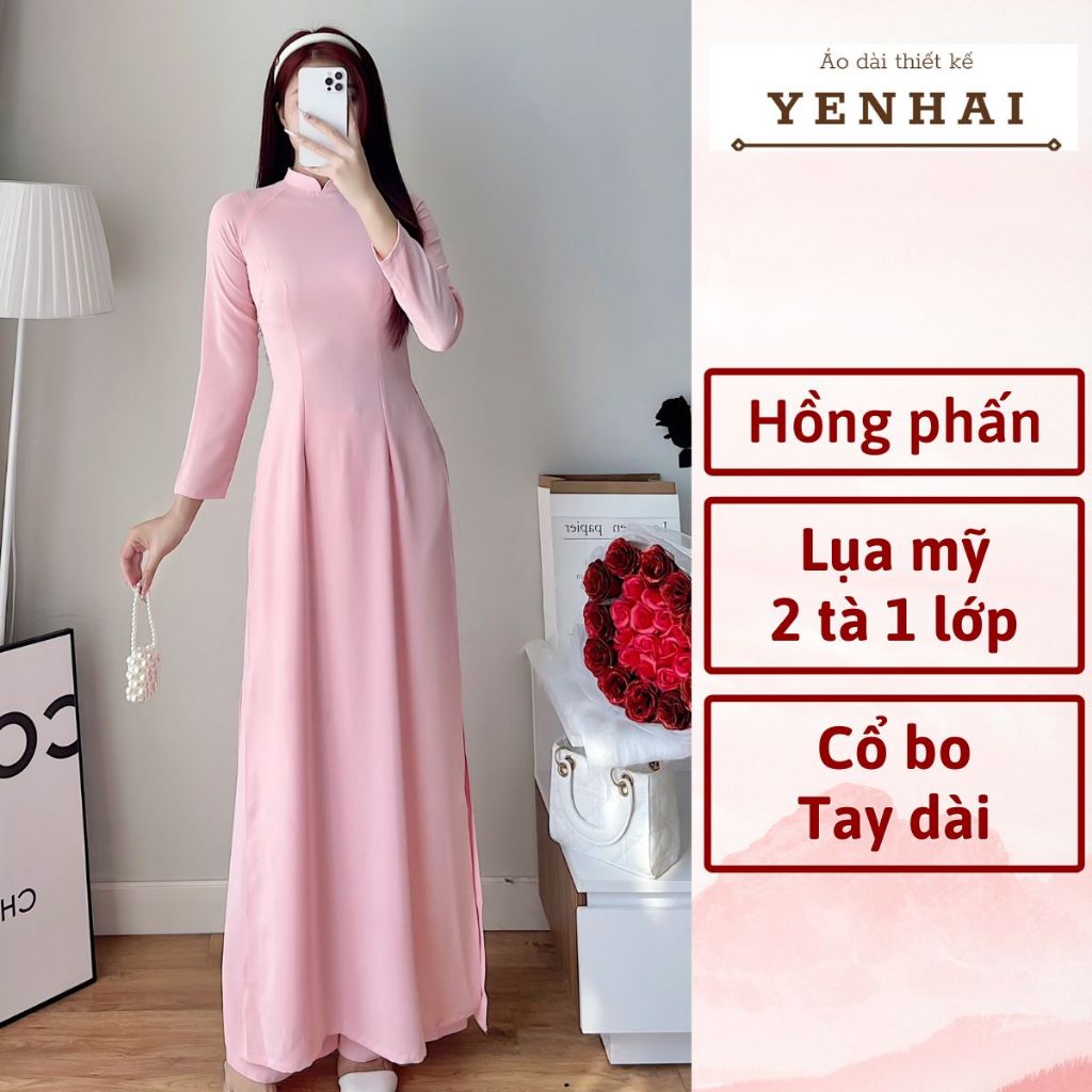 Áo dài Truyền thống màu hồng phấn chất lụa mỹ co giãn thiết kế tay dài cổ cao -B18