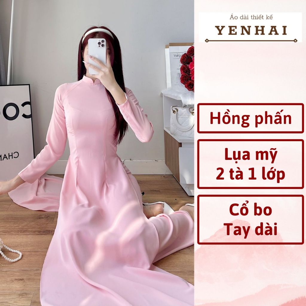Áo dài Truyền thống màu hồng phấn chất lụa mỹ co giãn thiết kế tay dài cổ cao -B18