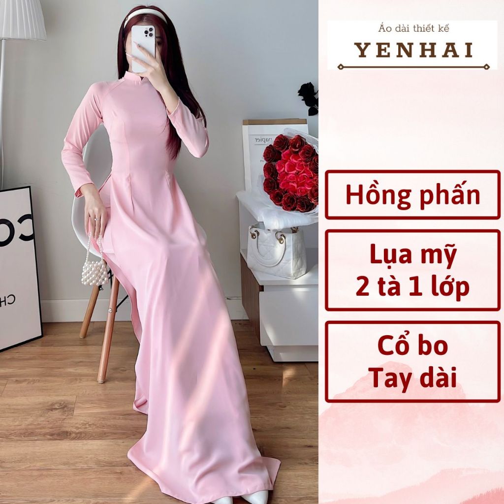 Áo dài Truyền thống màu hồng phấn chất lụa mỹ co giãn thiết kế tay dài cổ cao -B18