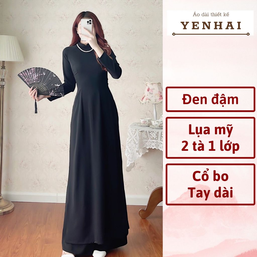 Áo dài truyền thống màu đen chất lụa mỹ co giãn thiết kế tay dài cổ cao -B19