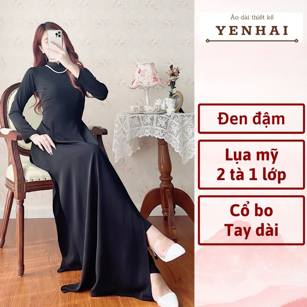 Áo dài truyền thống màu đen chất lụa mỹ co giãn thiết kế tay dài cổ cao -B19