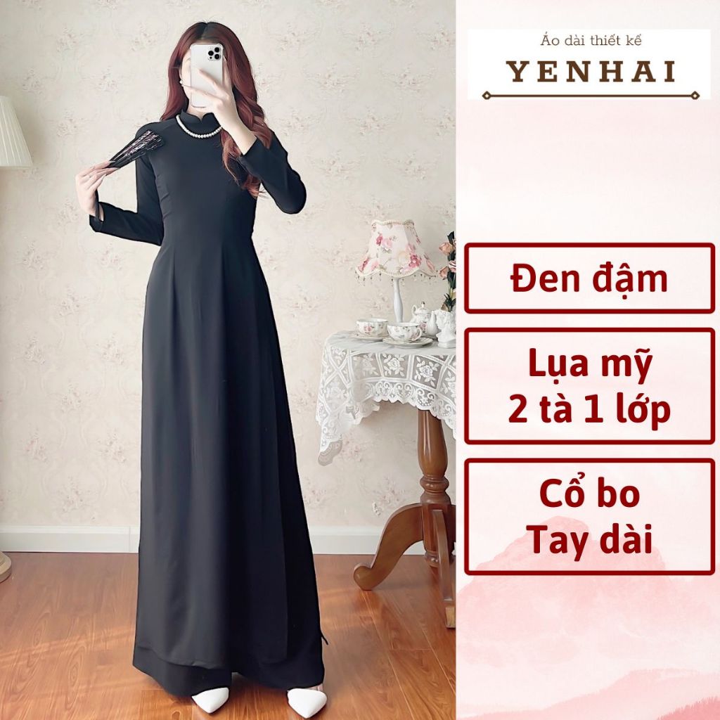 Áo dài truyền thống màu đen chất lụa mỹ co giãn thiết kế tay dài cổ cao -B19