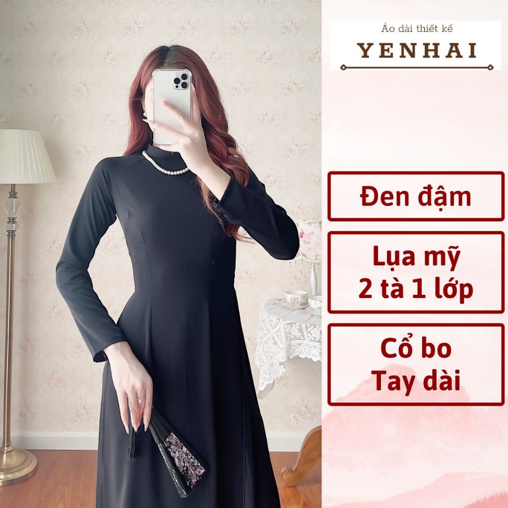 Áo dài truyền thống màu đen chất lụa mỹ co giãn thiết kế tay dài cổ cao -B19