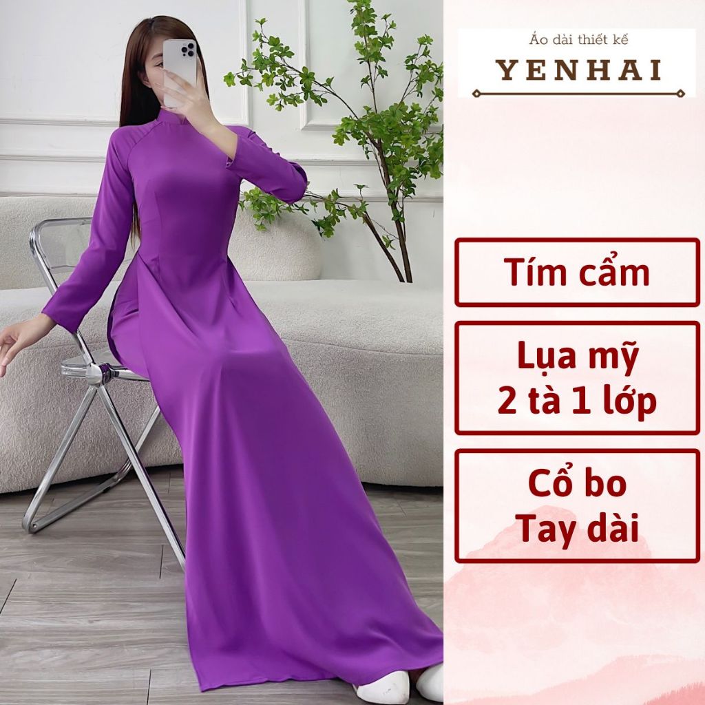 Áo dài truyền thống màu tím cẩm chất lụa mỹ co giãn thiết kế tay dài cổ cao -B443