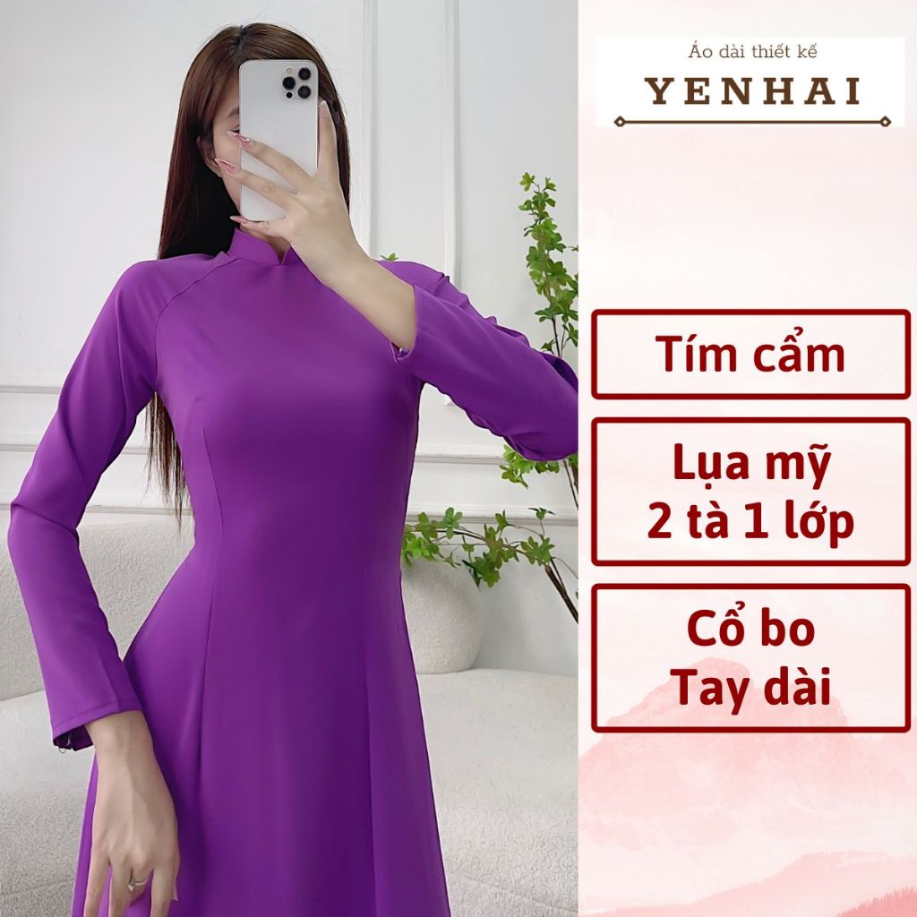 Áo dài truyền thống màu tím cẩm chất lụa mỹ co giãn thiết kế tay dài cổ cao -B443
