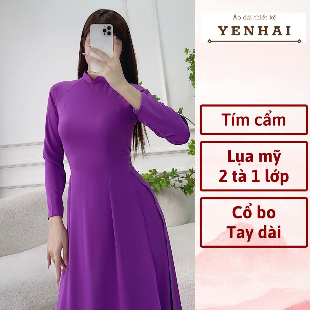 Áo dài truyền thống màu tím cẩm chất lụa mỹ co giãn thiết kế tay dài cổ cao -B443