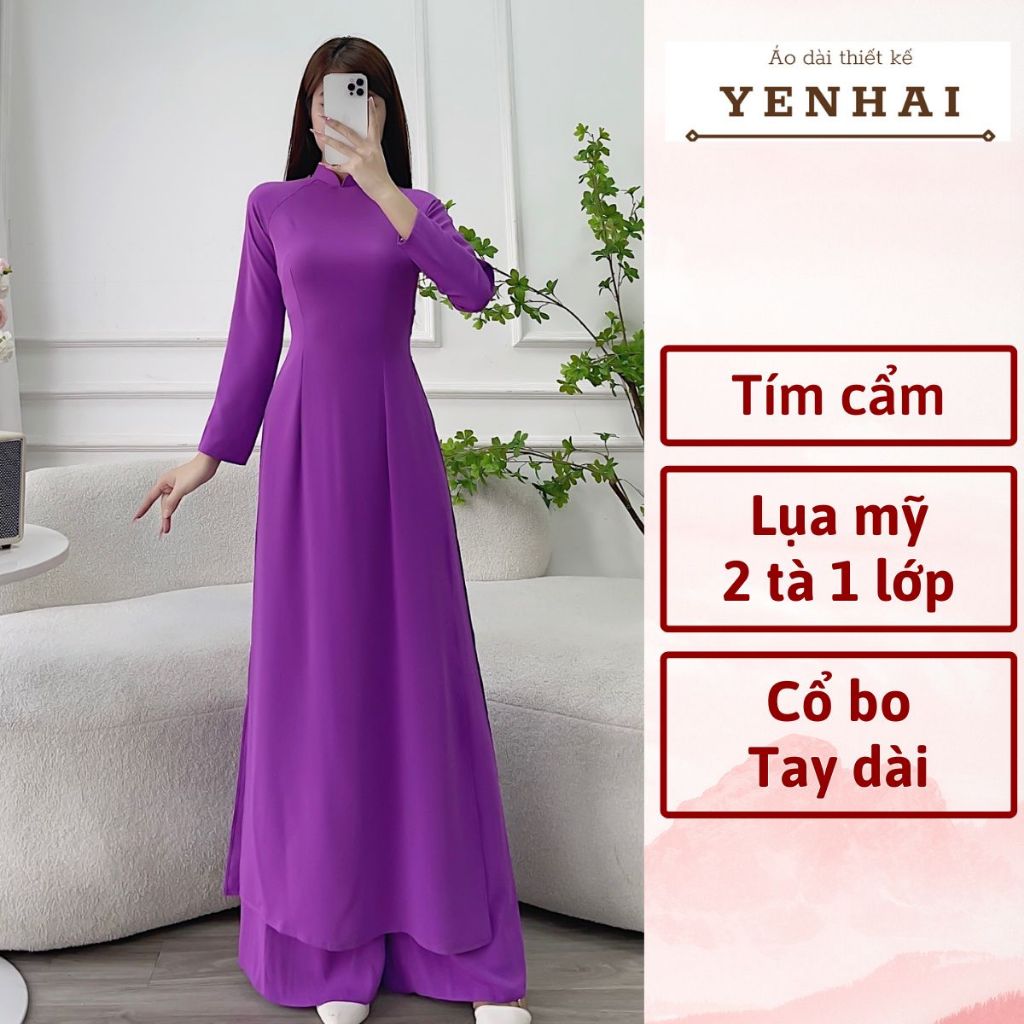 Áo dài truyền thống màu tím cẩm chất lụa mỹ co giãn thiết kế tay dài cổ cao -B443