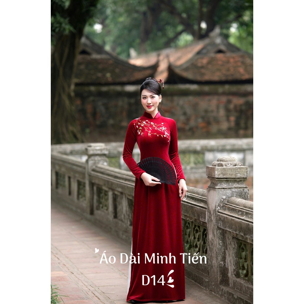 Áo Dài Chất Liệu Nhung The Cao Cấp Hàng May + Thêu Thủ Công Tỉ Mỉ Từng Áo - D14 Màu Đỏ Thuần